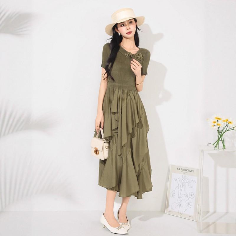 Elegant Pleated Ruffle Dress Women Slim Fit Solid Color Short Sleeve Midi Cake Skirt Office Chic 2025
