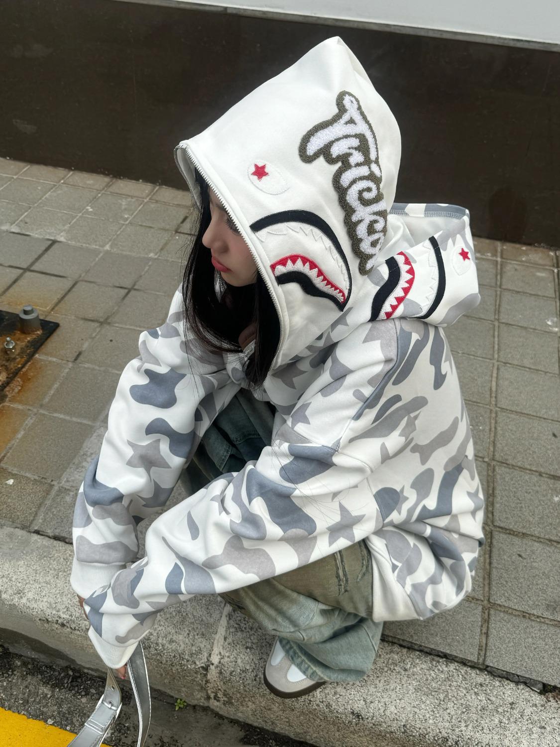 Unisex maskēšanās haizivs ar kapuci kardigans-džemperis