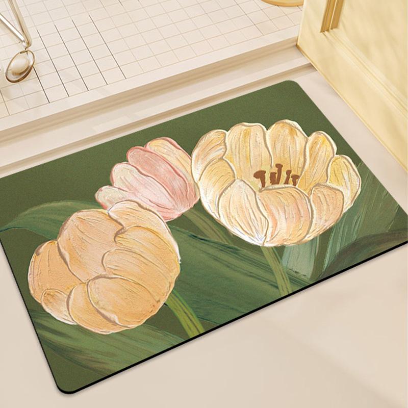 

Коврик для пола из диатомовой грязи в ванной комнате Camellia, впитывающий воду и противоскользящий, мягкая подушка, свежий цветок, дверь в ванную комнату, вход в туалет 40 * 60CM