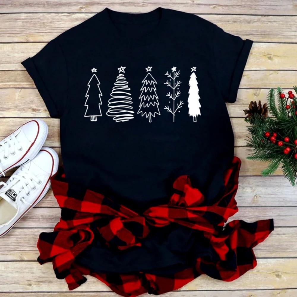 Casual Loose Fit Christmas Tshirt for Women Funny Cartoon Shiny Xmas Tree Print Top Holiday Festival Daily Streetwear Tee