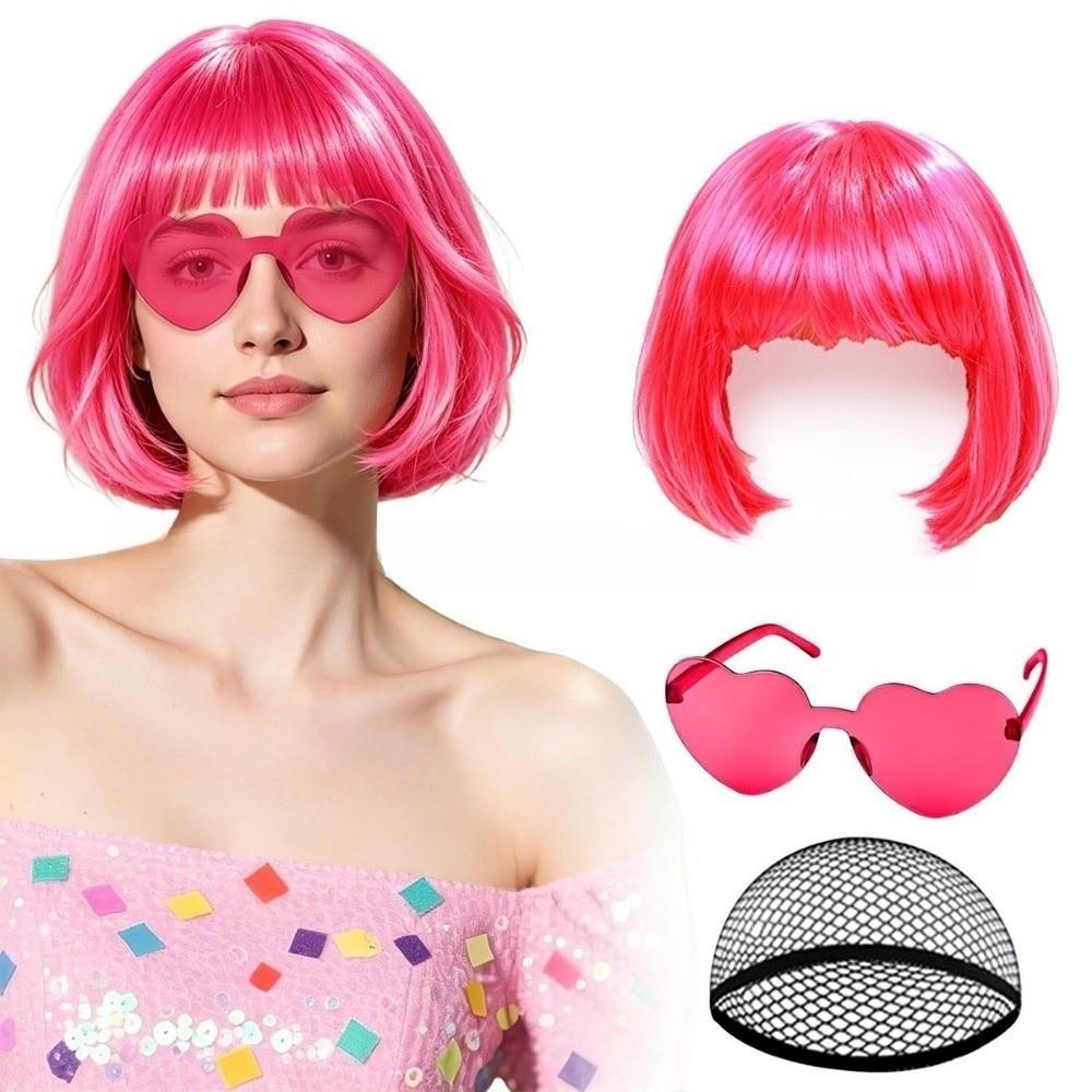 3Pcs Halloween Cosplay Wig Set Colorful Short Bangs Y2K Role-playing Short Hair Wig Halloween