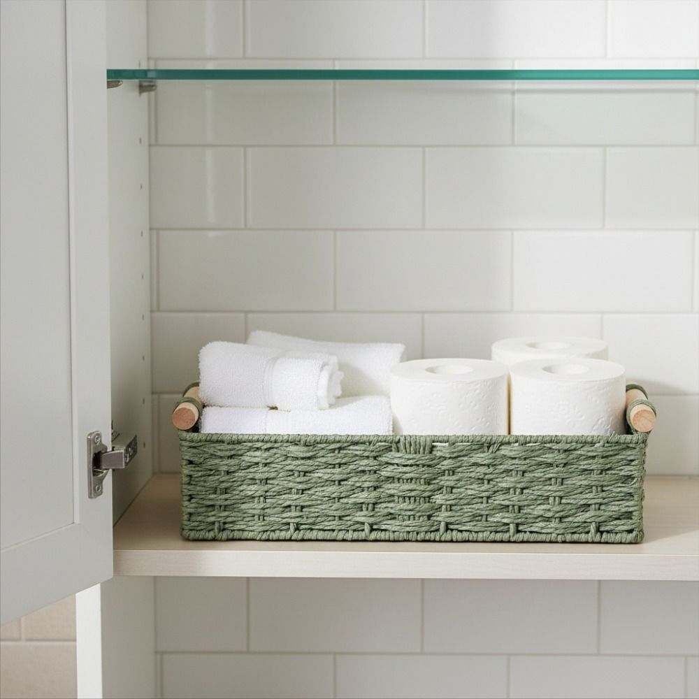 Handwoven Braided Toilet Paper Basket Wood Handle Sundry Storage Basket Snack