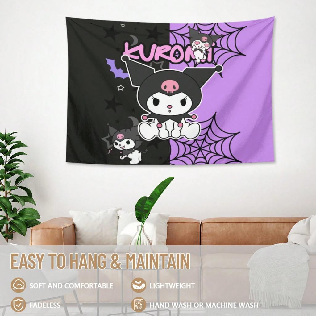 1pc Kuromi Gothic Tapestry Polyester 2D Print Spider Web Bat Design Perfect Wall Decor Gift for Bedroom Living Room Sanr