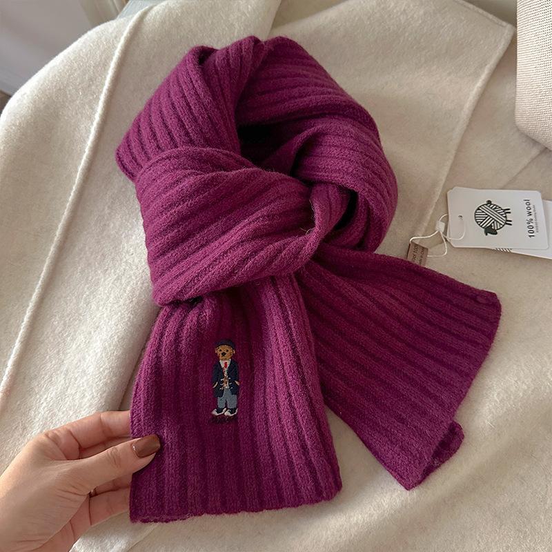 

Women Wool Scarf Cartoon Embroidered Bear Shawl Winter Warm Knitting Bandana Lady Wool Blanket Scarves Echarpe One Size