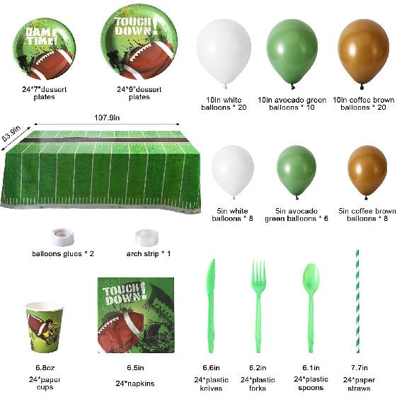 265PCS Football Party Supplies with Balloons Tablecloth, Football Paper Plates and Napkins Decorations for 24 Guests, Disposable Dinner Dessert