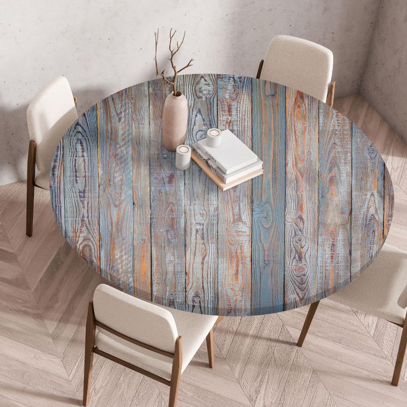 Wooden Patterns Round Table Cover Waterproof Oilproof Stain-Resistant Print Elastic Tablecloth for Kitchen Home Dustproof Decor