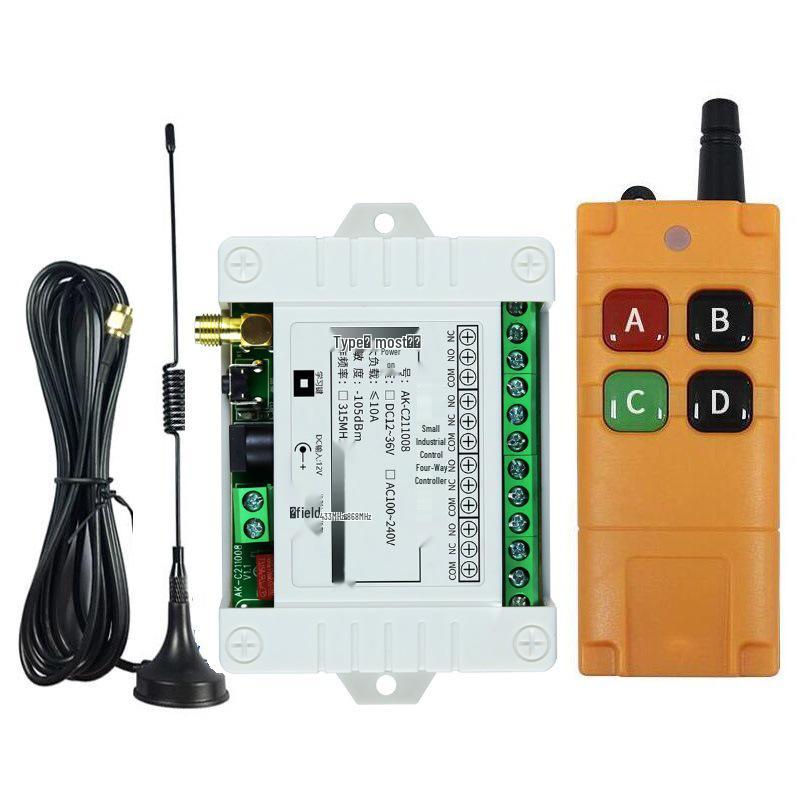 Universal 110V/220V Four-Way Remote Control Switch with Industrial-Grade Controller for Lights, Barriers, and Motors.