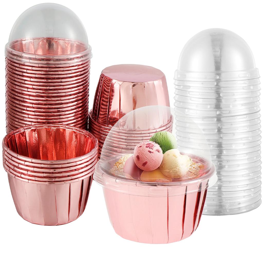 50/100Pcs 156ml Aluminum Foil Pudding Cup with Lids Disposable Mini Foil Cupcake Liners Containers Baking Mould Kitchen Supplies