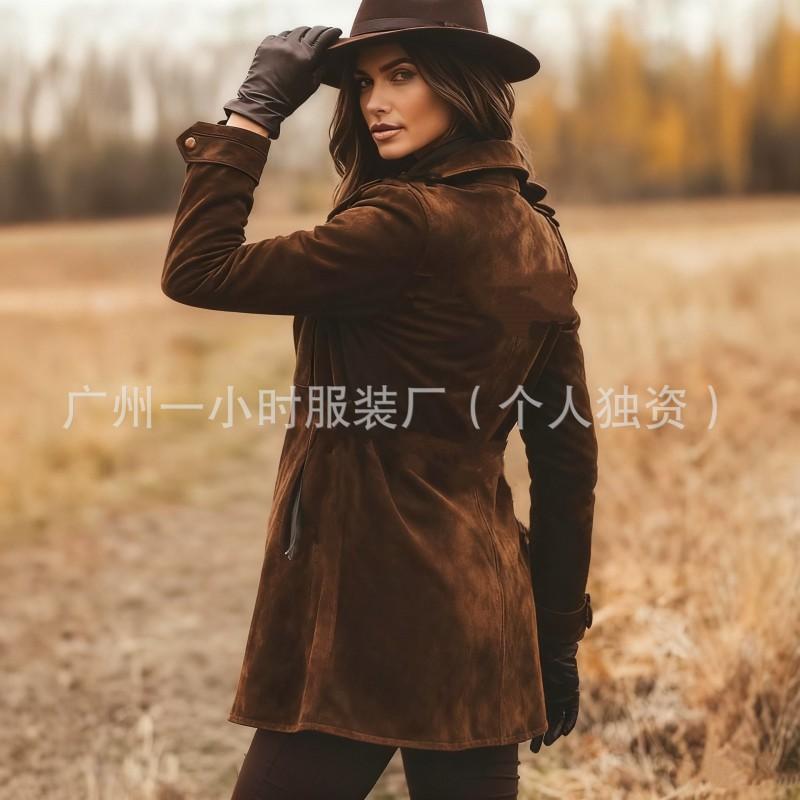Womens Retro Brown Suede Jacket Loose Fit Mid-Length Casual Coat With Lapel Collar Zipper