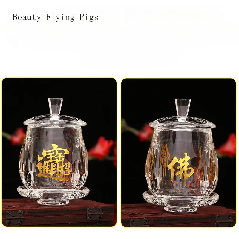 Fornitura d'acqua in cristallo cinese per templi buddisti domestici, tazze da offerta e coppe da vino davanti al Buddha Buddismo