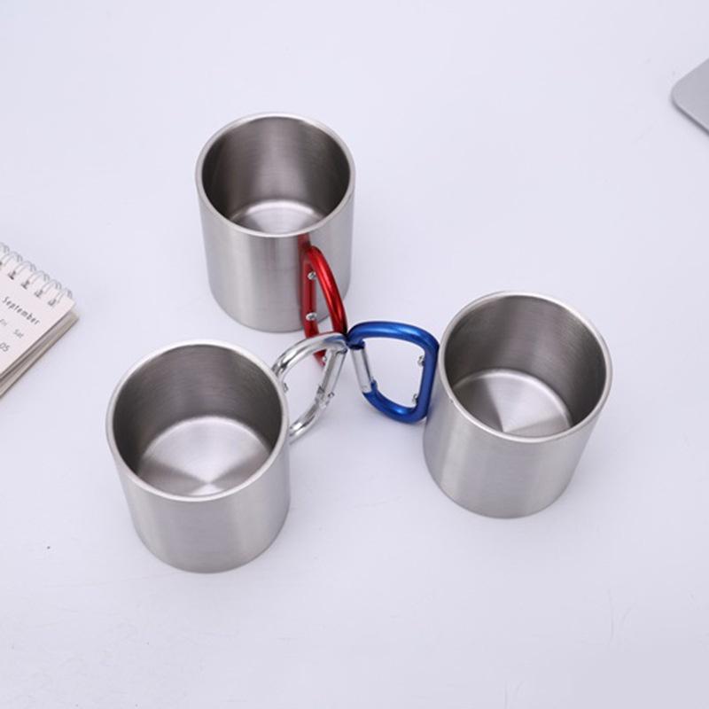 220ML Camping Travel Stainless Steel Cup Carabiner Hook Handle Picnic Water Mug Outdoor Travel Hike Cup