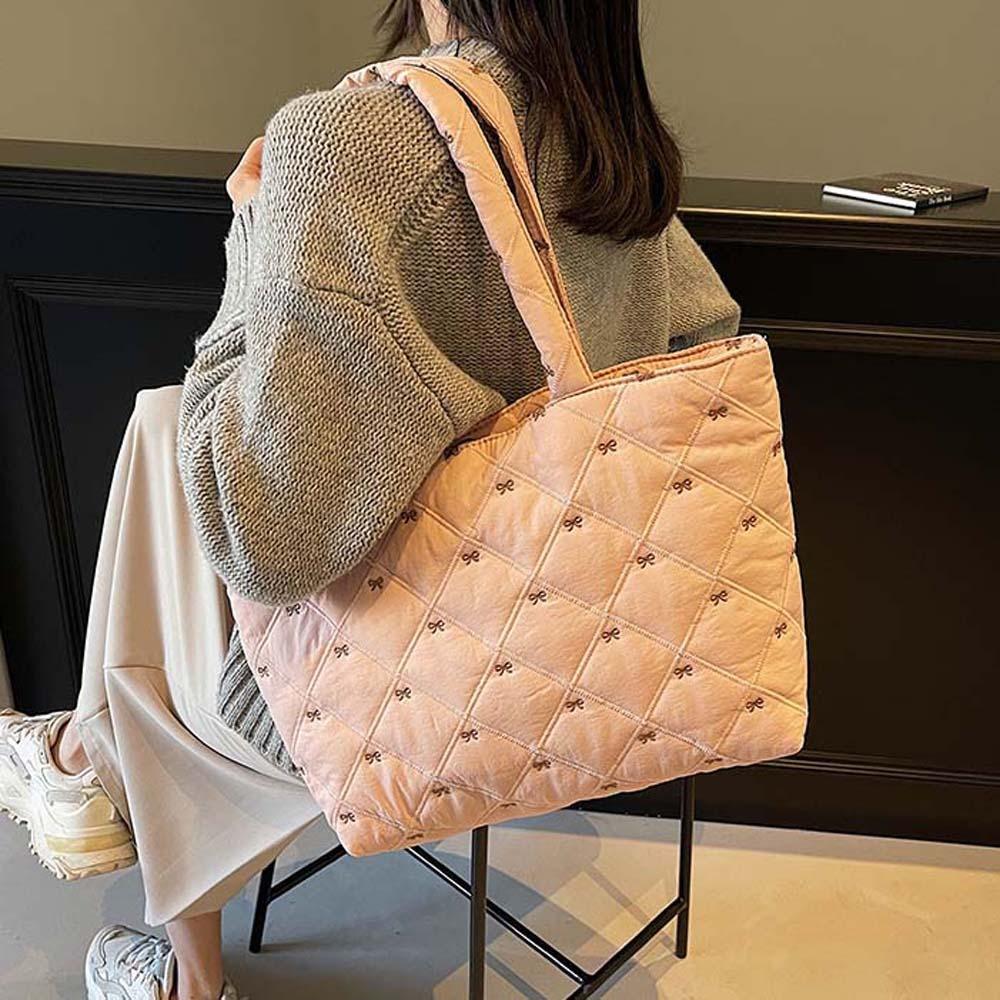 

Sweet Quilted Tote Bag Versatile Bubble Shoulder Bag Beautiful Rhombus Plaid Handbag Daily бежевий