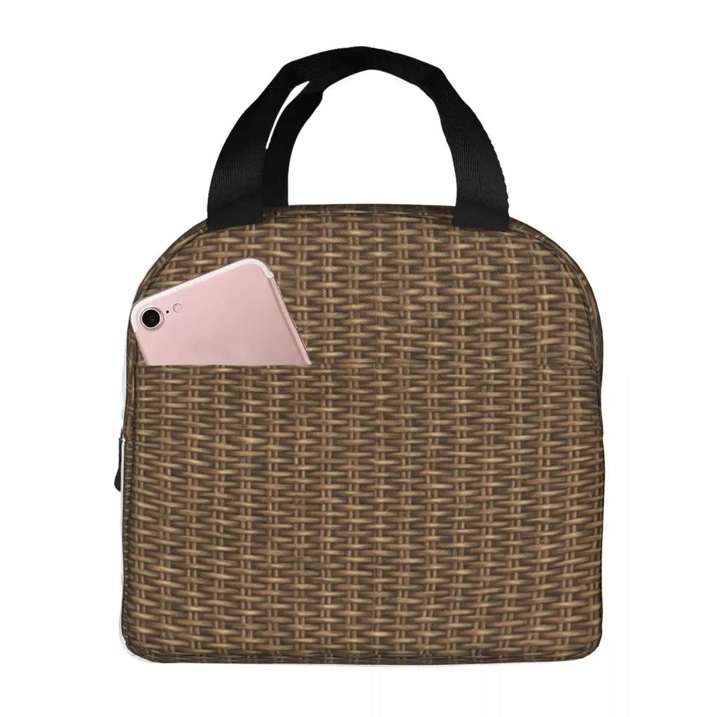 Braided Rattan Wood Wicker Lunch Bags Insulated Bento Box Waterproof Lunch Tote Resuable Picnic Bags for Woman Children Travel
