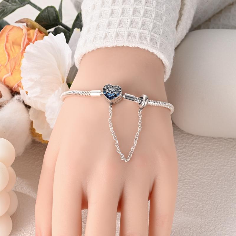 Authentic Original Bracelet High Quality Fine Jewelry Charm Bead Components Copper Metal Plated  Ice Blue Heart-Shaped Snake Bone Bracelet High
