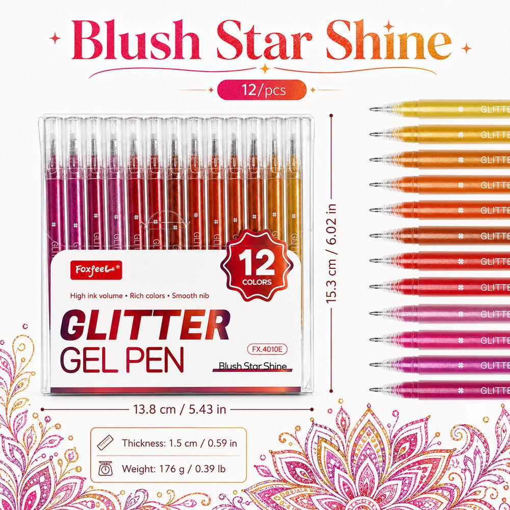 Colorful Glitter Gel Pens 12/36pcs Set 0.8mm Fine Point Vibrant Sparkle Highlighter Liner Stackable Shimmer Pattern