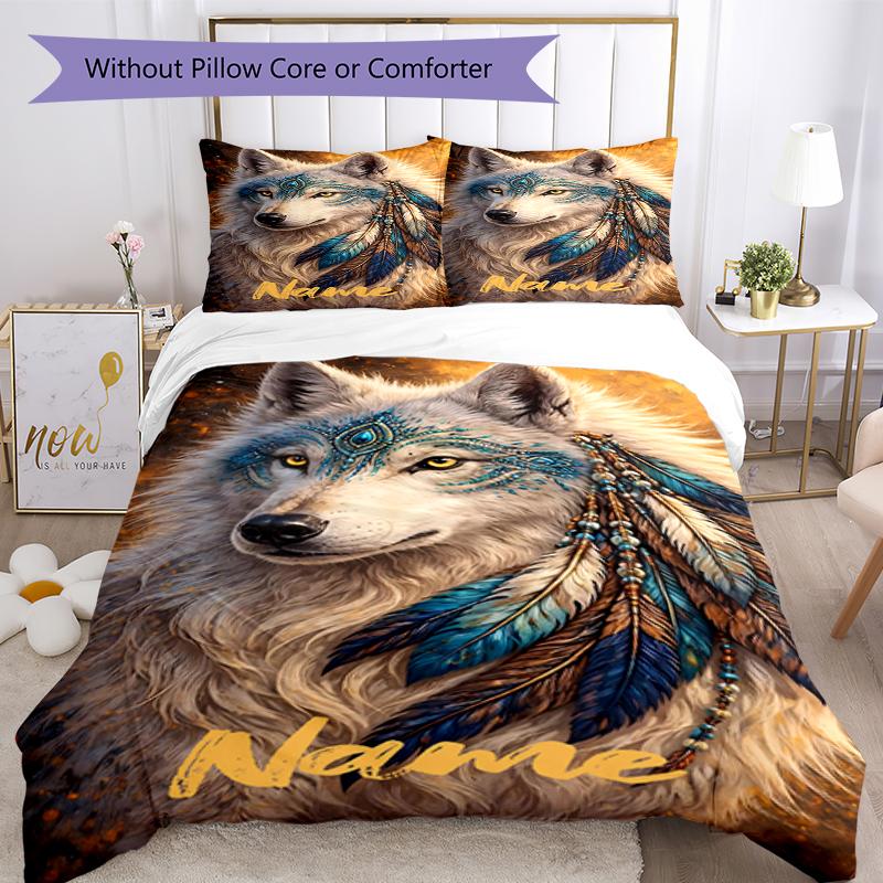 3pcs Custom Name Wolf Bedding Set Duvet Cover Closure Includes 1 Duvet Cover & 2 Pillowcases, Soft and Comfortable for All Seasons.