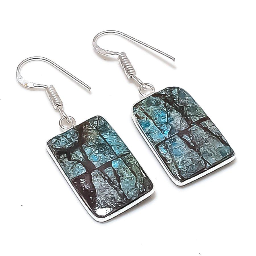 Натуральный Неоново-Синий Апатит Ювелирное Изделие из Стерлингового Серебра 925 Пробы Серьга 1.65  AEE-11032