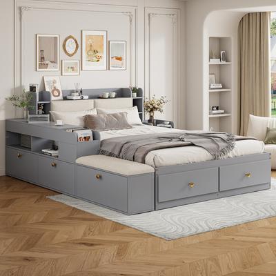 Masivní dřevěná kombinovaná postel 140*200cm, Čelo postele s úložným prostorem, Zásuvky, Noční stolek, Úložná komoda, Lavice-sofa, Tatami postel, Šedá
