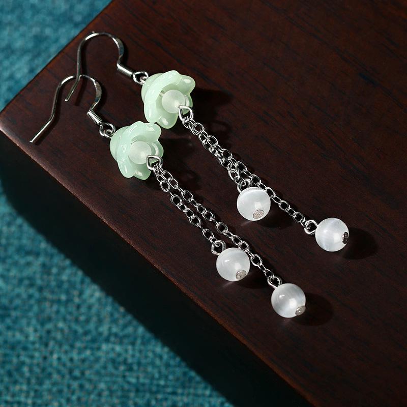 Lily of the Valley Imitation Hetian Jade Earrings with Pearls and Tassels