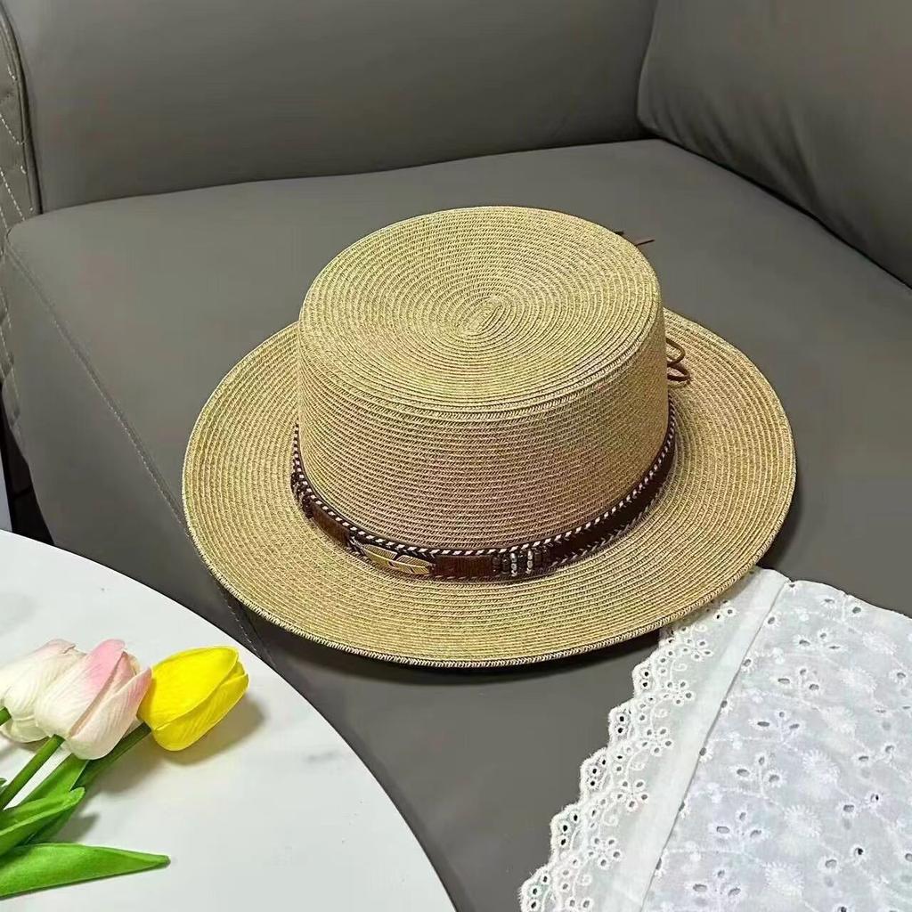 Bohemian Flat Top Straw Hat Women's Summer Outing Beach Hat Retro Webbing Face Small Sunshade Hat