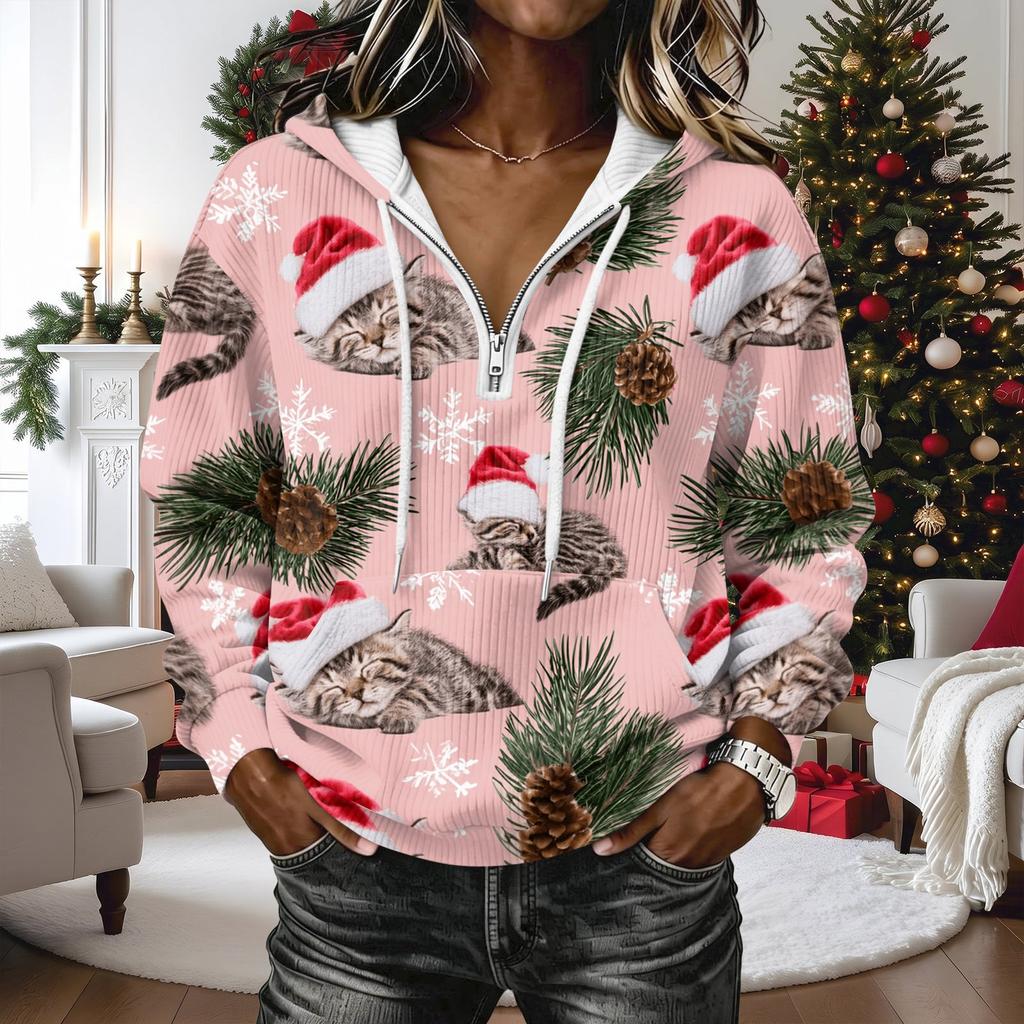 Women's Long Sleeve Christmas Print Pullover Hoodie with