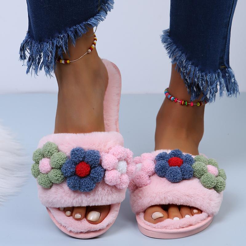 Fashion Fashion Flower Short Plush Cotton Slippers Women 2025 Autumn Round Toe Soft Thick Bottom Slides Sexy Faux Fur Outdoor Slippers