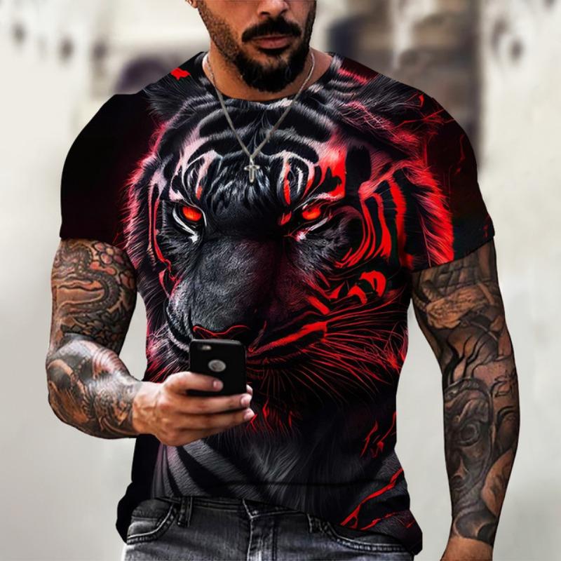 Vintage Animal T-Shirt Mens T Shirt 3d Fierce Leopard Print Tee Summer Short Sleeve Holiday T Shirt Loose Clothing Male Pullover