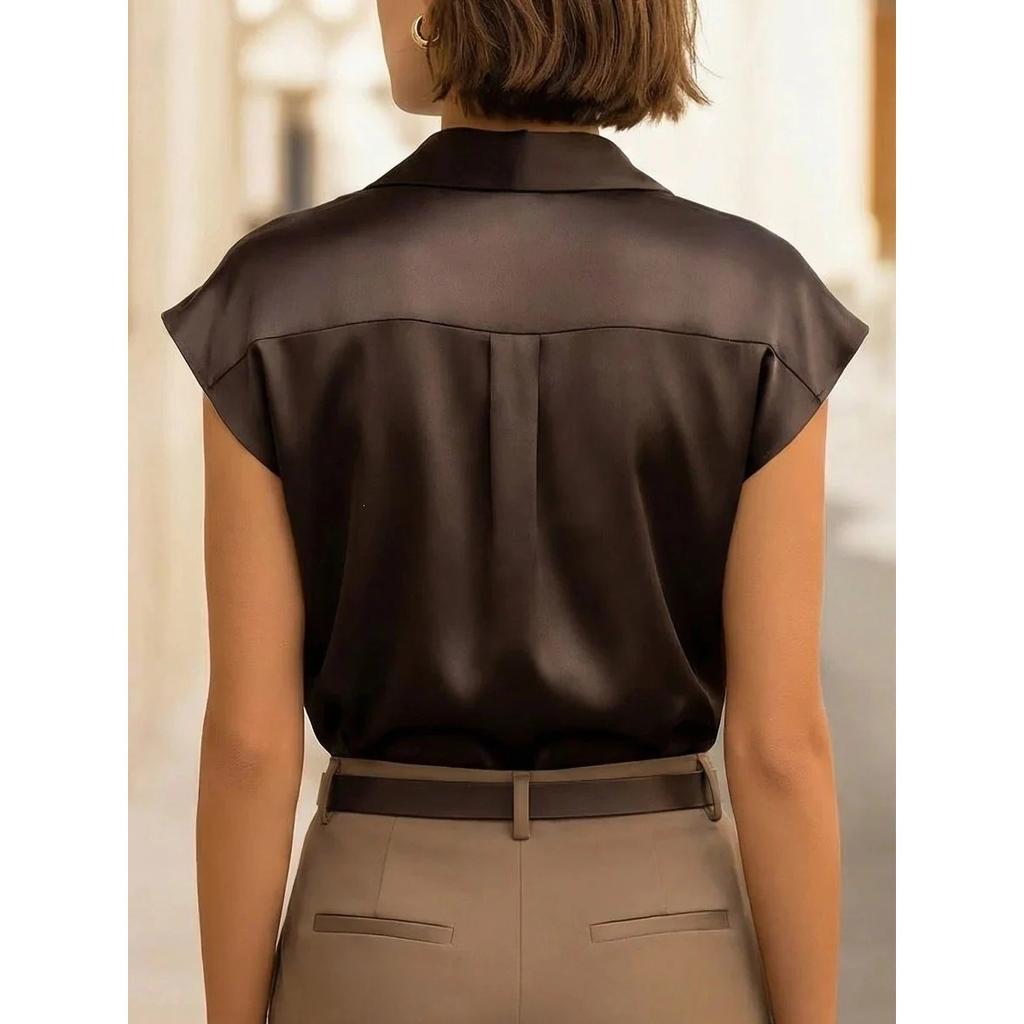 Women's Satin Short Sleeve Polo Shirt, Elegant Casual Top for Spring Summer
