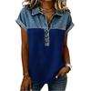 Camicie Patchwork in Denim da Donna Collo Alto Blusa Casual Manica Corta Maglietta Comoda Moda Primavera Estate
