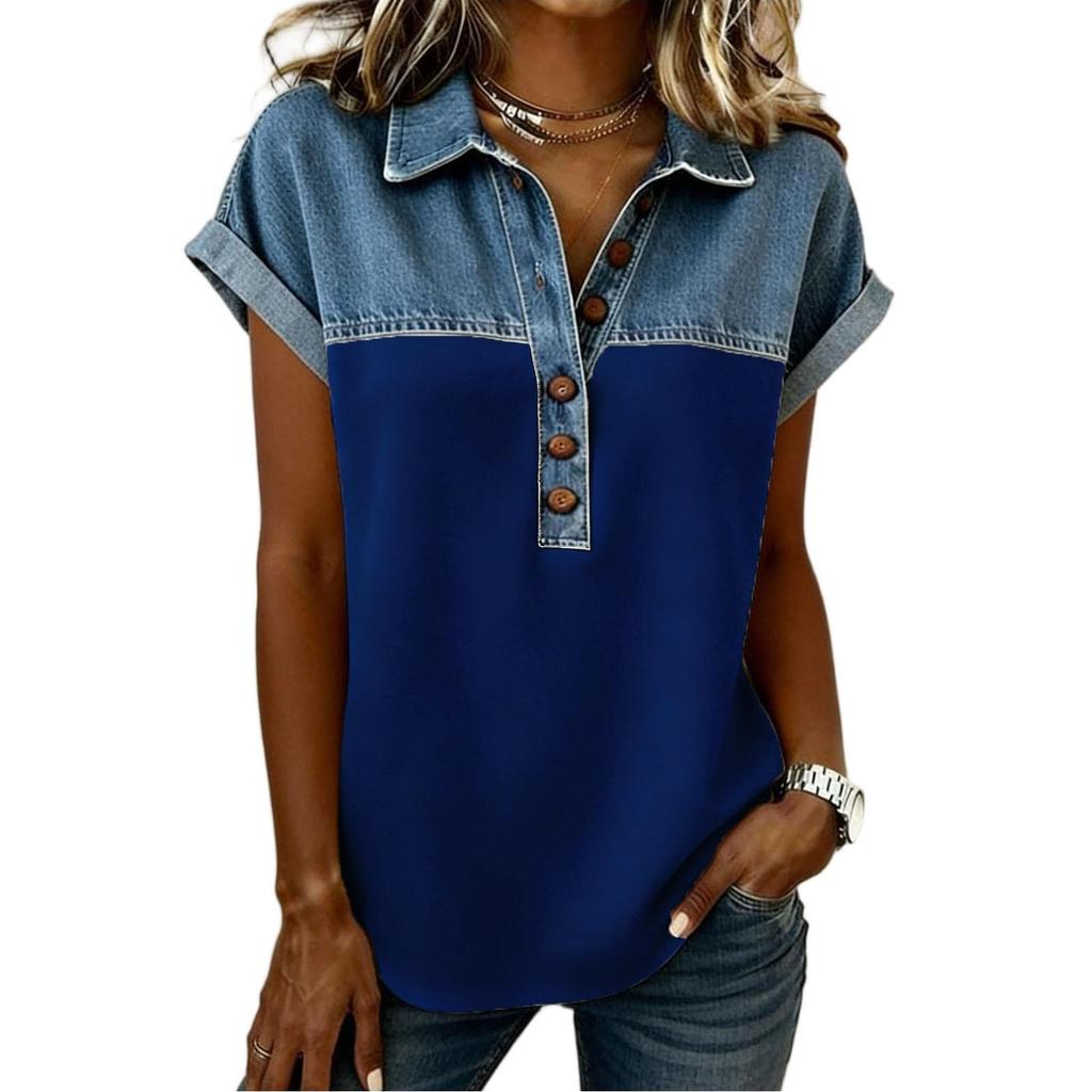 Camicie Patchwork in Denim da Donna Collo Alto Blusa Casual Manica Corta Maglietta Comoda Moda Primavera Estate