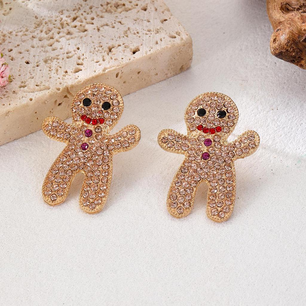 2026 Cross Fashion Christmas Gingerbread Man Rhinestone Stud Earrings for Women