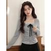 Luxiangnan Women's Slim Fit Bow Detail Fake Two-Piece Long Sleeve Top