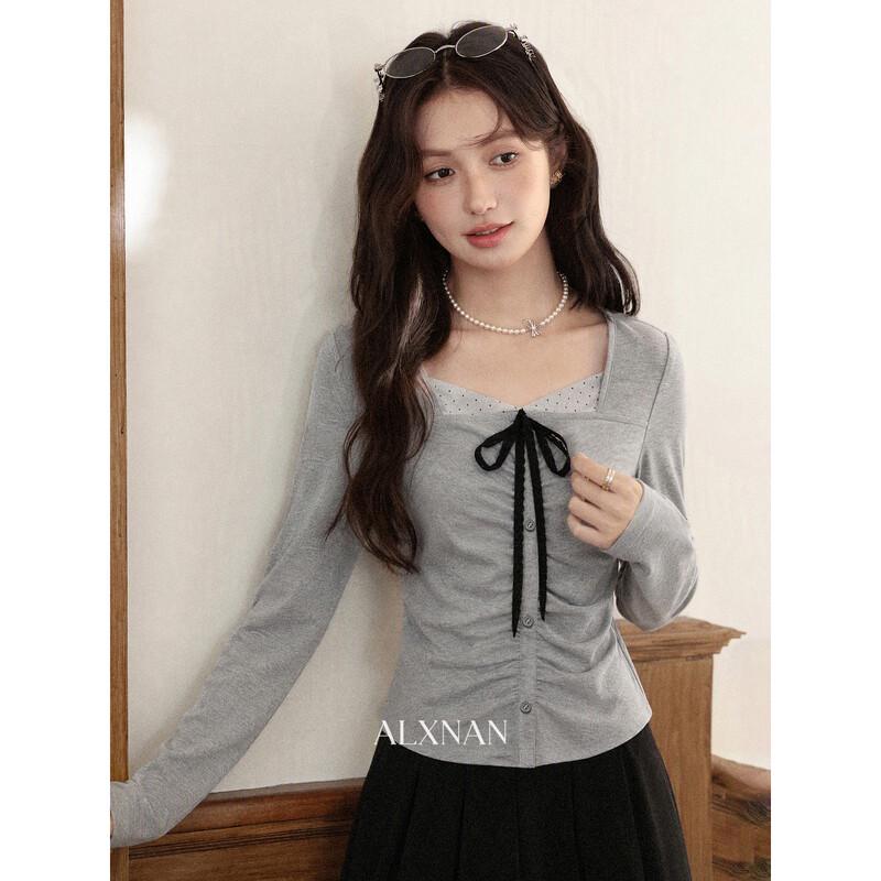 Luxiangnan Women's Slim Fit Bow Detail Fake Two-Piece Long Sleeve Top