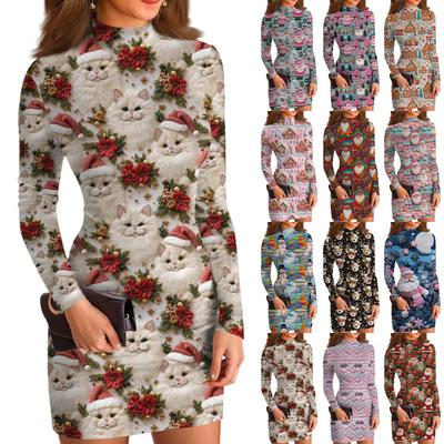Dámské ležérní šaty s vysokým krkem, dlouhým rukávem, potiskem a slim-fit střihem