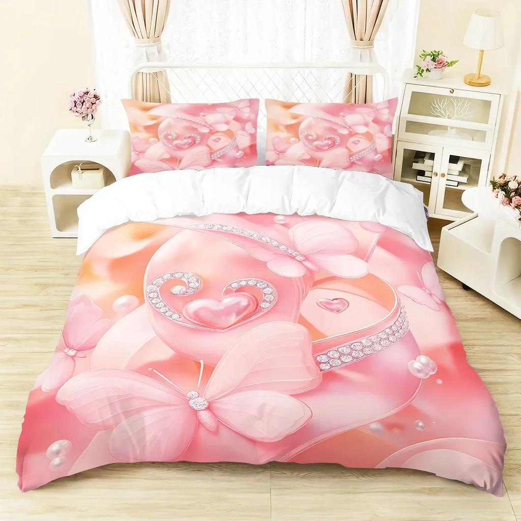 3Pcs Pink Floral Butterfly Pattern Duvet Cover Set, 1 Duvet Cover+2 Pillowcases, Coreless. Soft And Comfortable Bedding Set