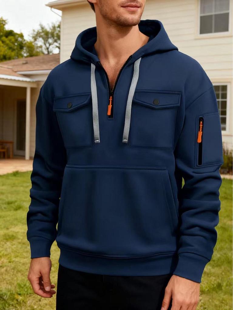 Men's Fleece Hooded Sweatshirt with Dual Chest Pockets - Casual, Trendy Zipper Pullover for Autumn and Winter