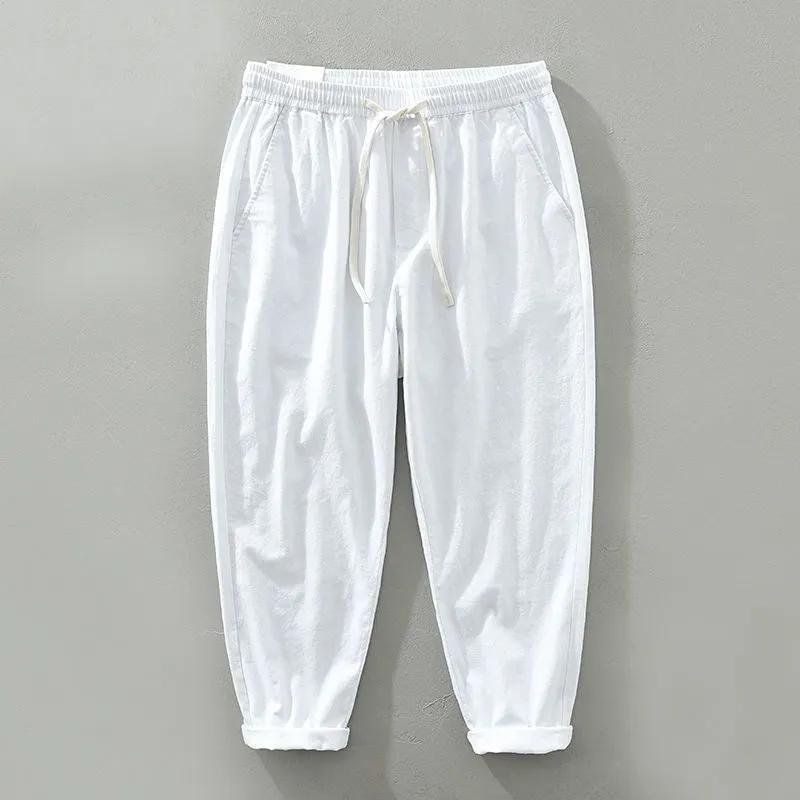 

Мужские летние дышащие свободные прямые льняные брюки однотонные с эластичным поясом повседневные брюки Nine-minute XS белый