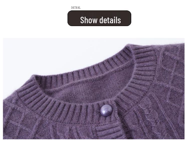 Women's Warm 100% Pure Wool Cardigan: Autumn/Winter Thick Knit Round Neck Sweater for Middle-aged & Elderly Moms