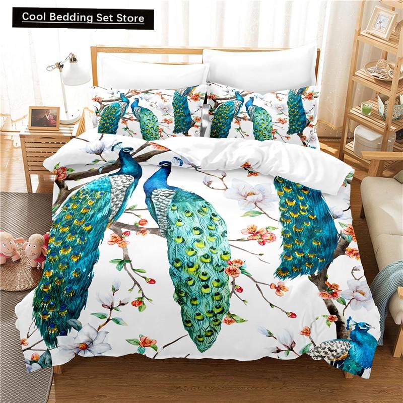 Pfau Bettbezug King Queen Größe Kolibri Libelle Bettwäscheset Blumen Vögel Bettdeckenbezug Floral Tiere Bettdeckenbezug