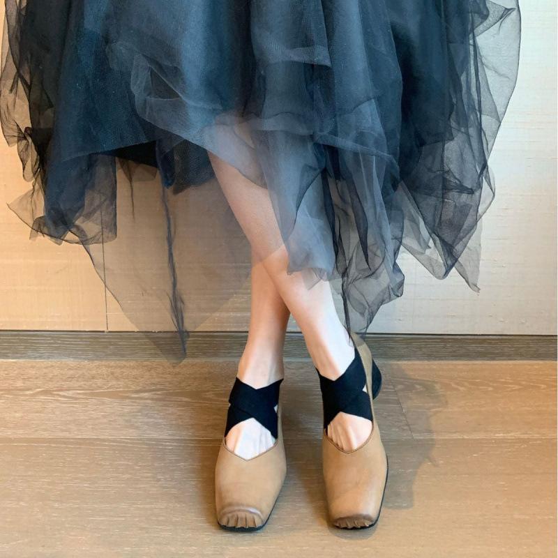 Shoes Pig Nose Square Head Polished Retro Cross Strap Thick Heel Ballet Shoes Single Shoes