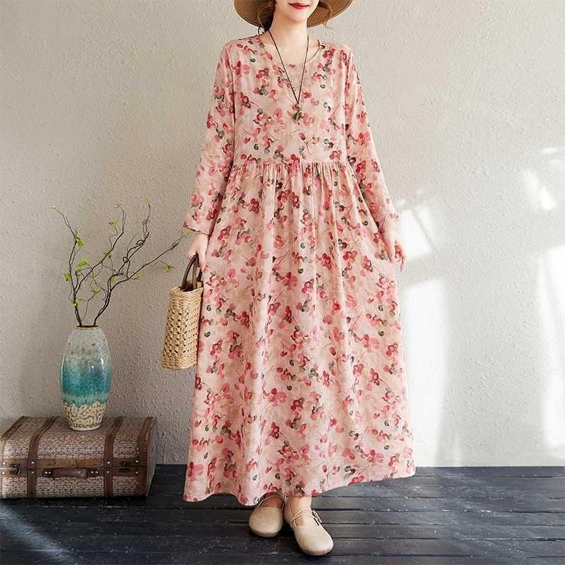 Vacation Style Travel Round Neck Vintage Long Flesh Covering Dresses