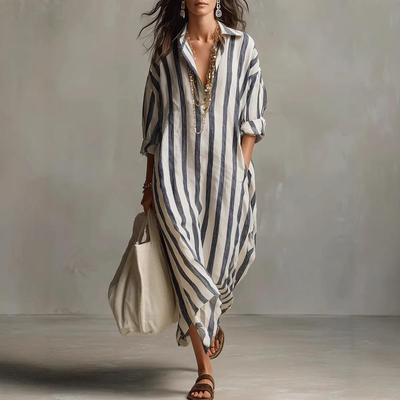 European & American Striped V-neck Summer Shirt Dress with 3/4 Sleeves