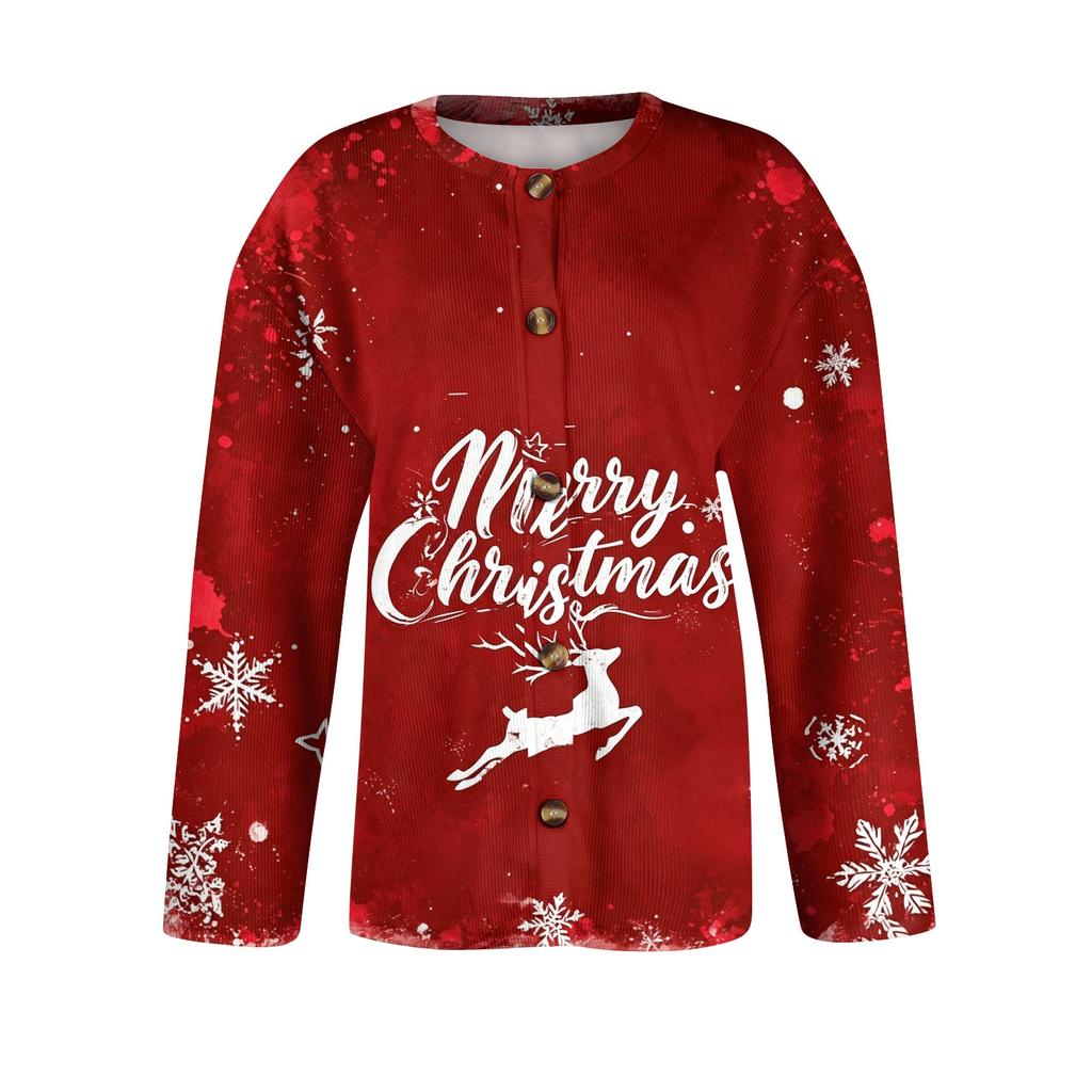Women's Christmas Print Long Sleeve Knit Cardigan with Button Front