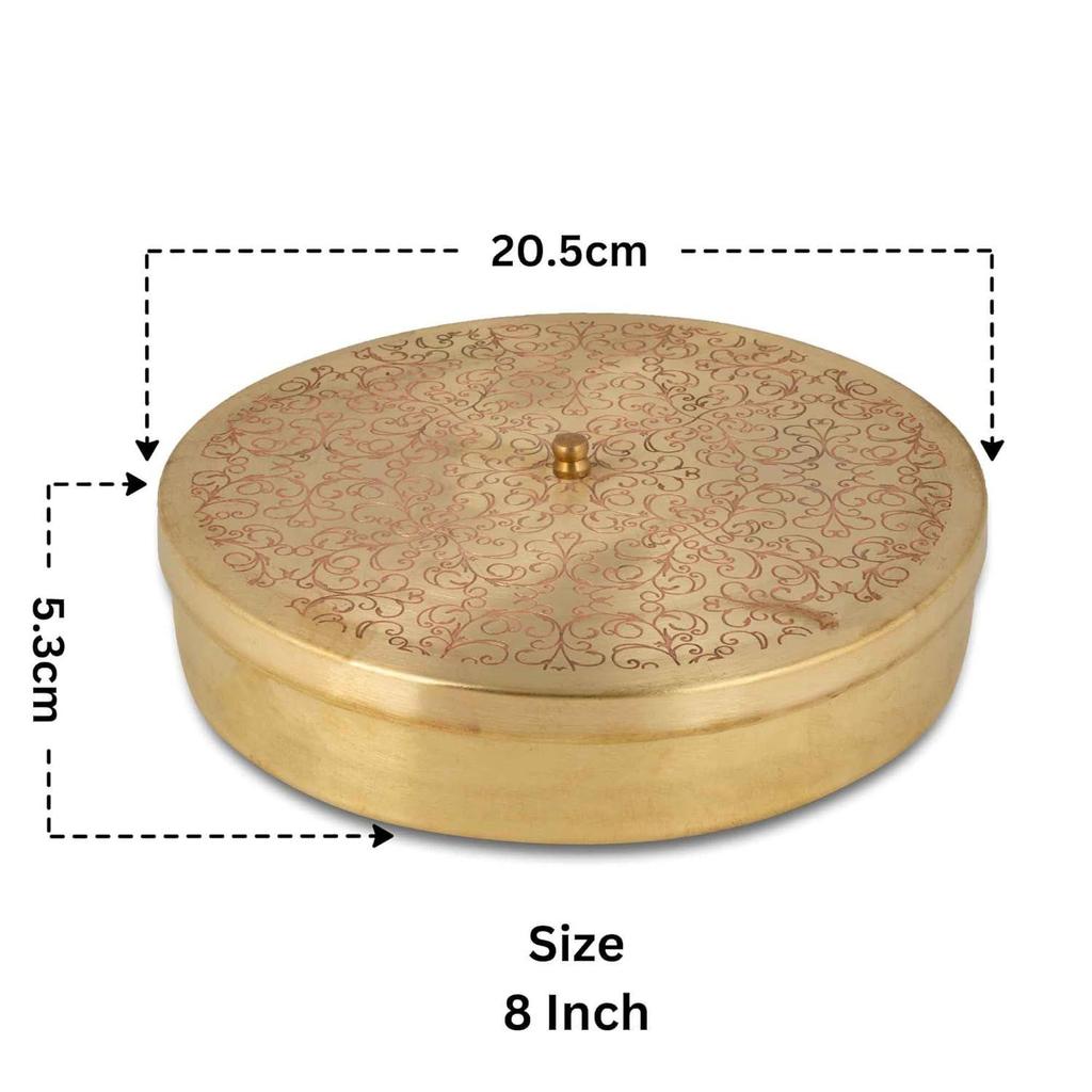 Pure Brass Kitchen Masala Dabba 8" - Floral Etched Spice Box, 7 Compartment, Handcrafted Container with Spoon & Lid