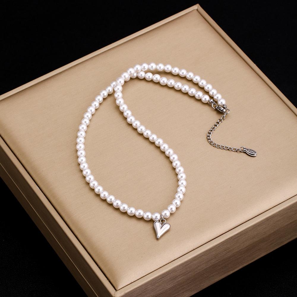 

Ожерелье из титановой стали с бусинами 6 мм и сердцем - Женская модная цепочка для ключицы