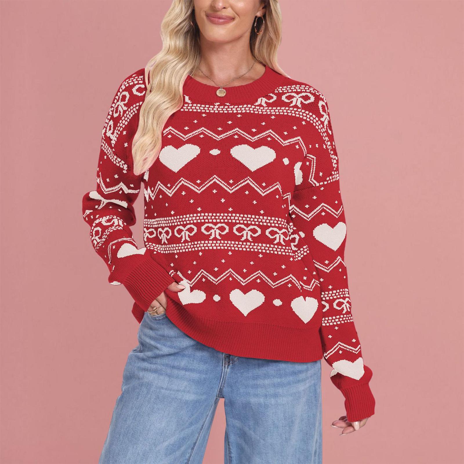 

Women s Fashionable Round Neck Long Sleeved Heart-shaped Pullover , Contrasting Color Pullover , Sweater Top S красный