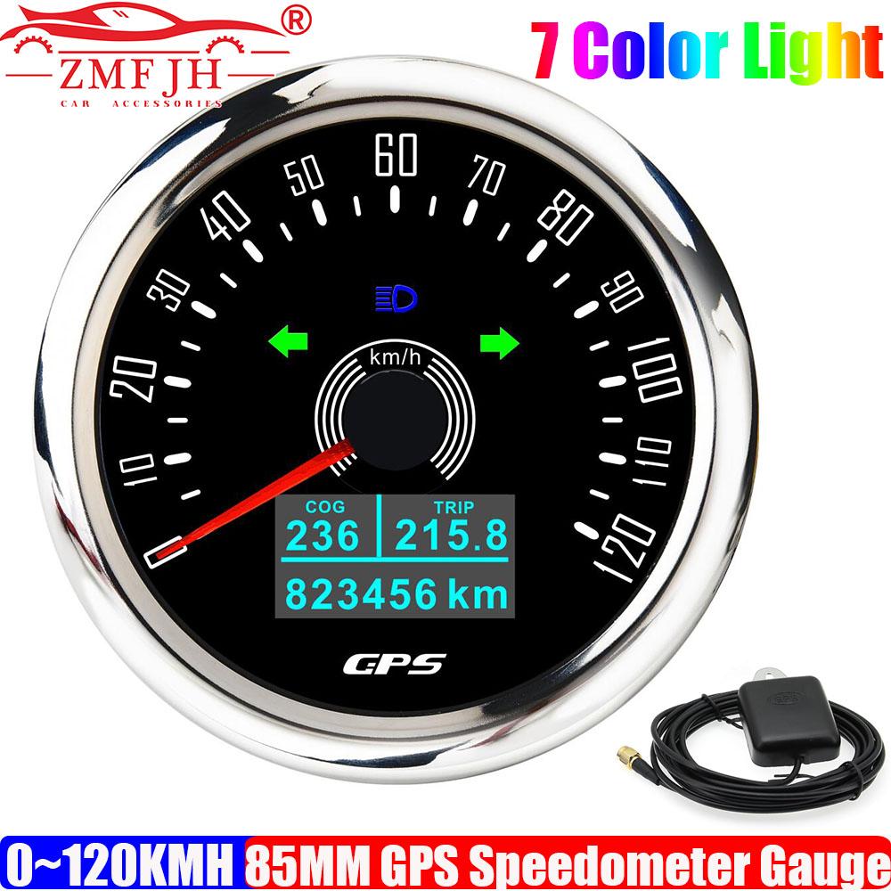 ZMFJH 7 Color LED 85MM GPS Speedometer Gauge with Antenna Auto 0-120KMH SpeedMeter High Beam Turn Light COG TRIP ODO Odometer