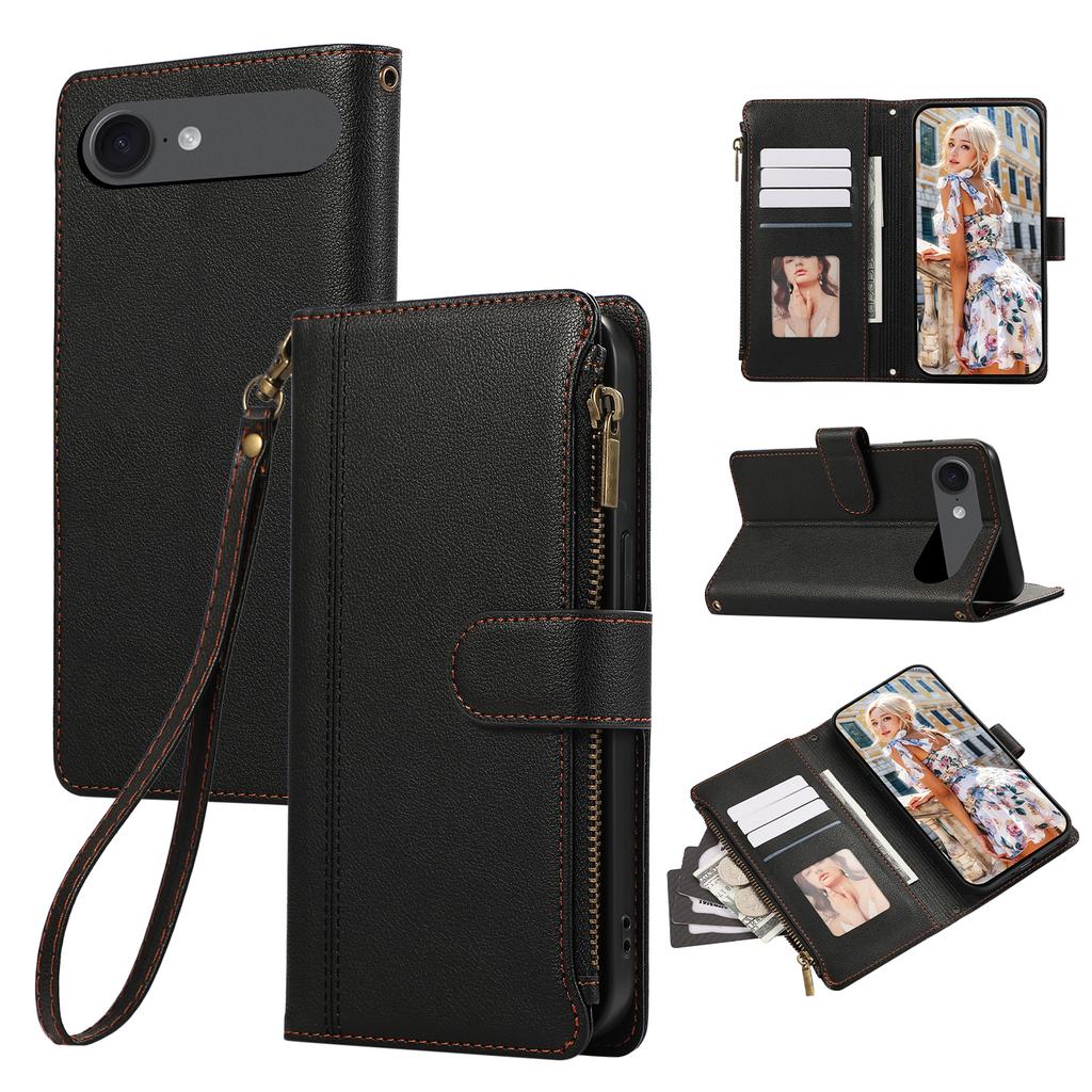 For iPhone 17 Air Case Multi Card Slots Zipper Leather Phone Cover with Wrist Strap