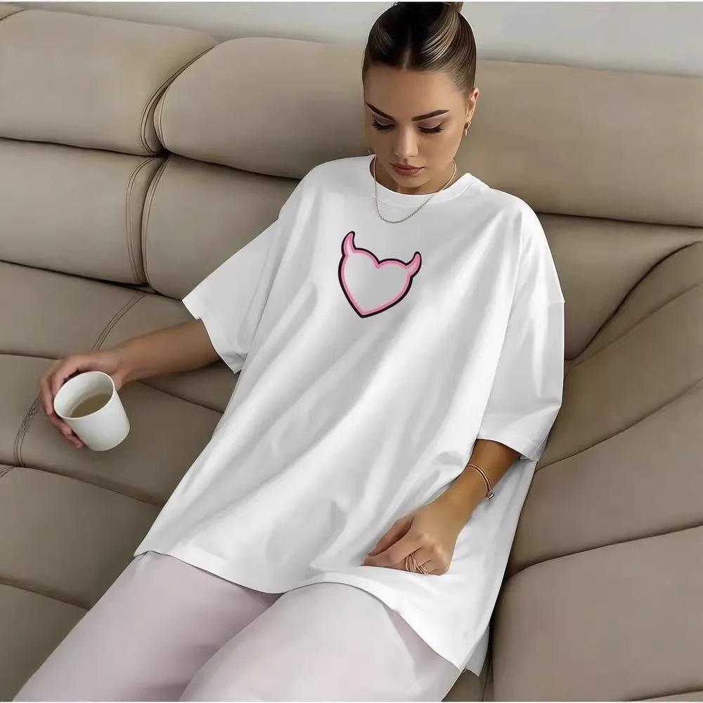 2025 New Arrival: Love Heart Loose Print Pure Cotton Summer Top - Short Sleeve T-shirt