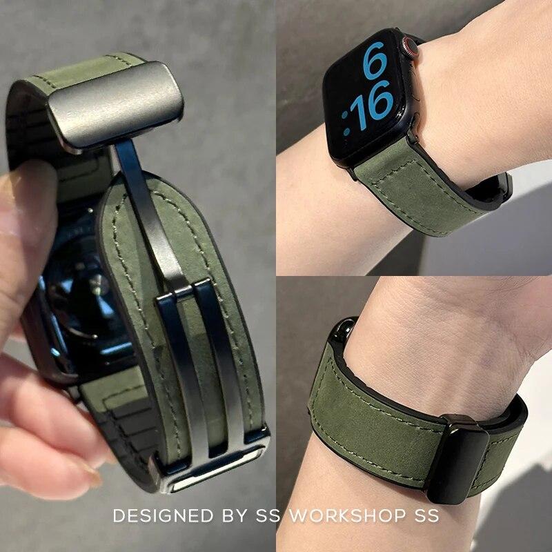 

SHIRERN Кожаный ремешок для Apple Watch Ultra Band 49 мм, 45 мм, 41 мм, 40 мм, 44 мм, 42 мм, складной магнитный браслет iWatch series 9, 8 SE, 7, 6, 5, 4, 38 мм